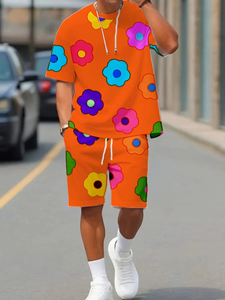 Summer 2026 new men Summer <b>set</b> with colorful flower prints casual <b>set</b> with round neck short sleeve T Shirt And Shorts Comfort - Product Image 6