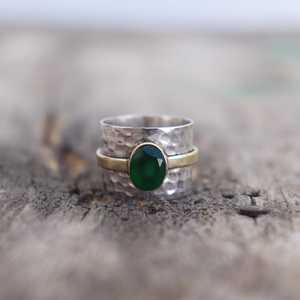 แหวนวงแหวนลายตอกสองสีหยกเขียว เงินแท้ 925 ผสมทองเหลือง แหวนโลหะผสมสำหรับผู้ชายและผู้หญิง เครื่องประดับ - Product Image 3