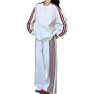 Ensemble de vêtements de sport décontractés et élégants pour femmes, style universitaire d'hiver, coupe régulière, sweat-shirt rayé et pantalon de jogging, ensemble 2 pièces, 100% coton Terry - Product Image 1