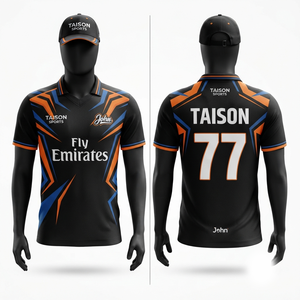 Camiseta de Cricket para Hombre, 180 GSM, Poliéster Interlock Premium, Panel Negro, Azul y Naranja, Logotipo Personalizado - Product Image 1