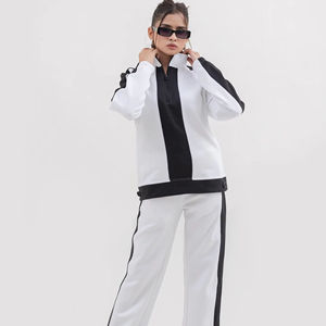 Custom Womens <b>White</b> Black Tracksuit Full Zip Jacket Wide Leg Pants Athletic Sportswear Training Jogging Matching <b>Set</b> - Product Image 3