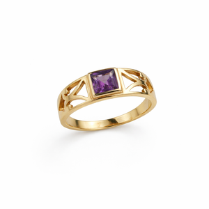 Natural Amethyst Square Cut Ring Gold Tone Geometric Band Minimal Vintage Style Handmade Designer Jewelry Ring for Women - Product Image 1