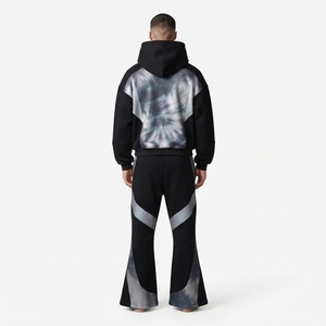 <b>Mens</b> <b>Black</b> Silver <b>Tie</b> Dye Color Block Zip Hoodie Wide Leg Pants Tracksuit Set Custom Streetwear Casual Fashion Look - Product Image 4