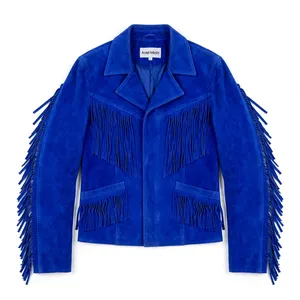 Accept Industry Blue <b>Suede</b> <b>Fringe</b> <b>Jacket</b> Turn-down Collar Regular Fit Autumn Casual Unisex Leather <b>Jacket</b> - Product Image 1