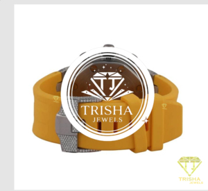 Montre de luxe haut de gamme avec des pierres en moissanite effet diamant et un bracelet en caoutchouc jaune audacieux - Product Image 4