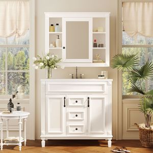 Mobile Bagno Moderno da 36 Pollici con Specchio Blu Reale, Lavabo Integrato, 2 Ante con Chiusura Ammortizzata e 2 Cassetti Blu Reale - Product Image 1