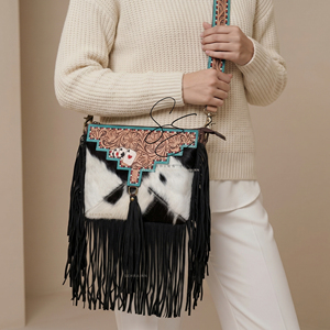 Western Genuine Leather Vintage Fringe Sling Bag Turquoise Crossbody <b>Purse</b> Outdoor Travel Hair on Hide Cowgirl Bag - Product Image 1