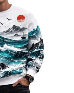 Sudadera Personalizada con Estampado de Olas del Océano en Color Blanco y Verde Azulado, Sudadera Informal con Cuello Redondo para Hombre, Sublimación Personalizada, Ropa Urbana, Top de Otoño e Invierno - Product Image 2