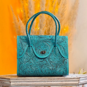 Bolso tote con diseño occidental, elegante, 100% cuero genuino, con flores talladas a mano, color azul cielo, para mujer, multiusos. - Product Image 1