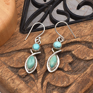 Pendientes Colgantes de Turquesa Natural Redonda y Cabujón Marquise, Plata de Ley 925, Hechos a Mano, Estilo Bohemio Vintage, con Piedras Preciosas - Product Image 4