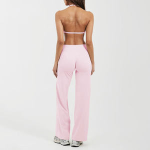 Conjunto de 2 piezas de leggings acampanados y sujetador deportivo halter sin costuras personalizado, de alta calidad, con cintura elástica, ropa de gimnasio para mujer, cintura alta - Product Image 3