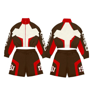 Conjunto Corto de Chaqueta Cortavientos de Poliéster de 120 GSM para Hombre, Diseño de Paneles Marrón, Rojo y Blanco, Logotipo Personalizado por Sublimación, Pantalones Cortos Cortavientos para Hombre - Product Image 1
