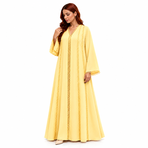 Abaya évasée jaune à bordure dentelle, robe musulmane modeste à manches longues, coupe ample, style Dubaï, pour femme, pour l'Aïd, mariage, Ramadan, usage quotidien islamique - Product Image 1