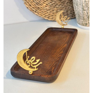 Plateau de service rectangulaire en bois avec poignées dorées en forme de fleur, plateau décoratif en bois, finition noyer de qualité supérieure, plateau pour table basse ou ottoman - Product Image 2