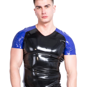 T-shirt pour homme noir et bleu contrasté à manches raglan, col en V, coupe ajustée, couleur unie, style streetwear, tricoté en spandex et polyester - Product Image 1