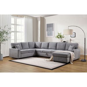 Divano Sezionale Samara 137" con Chaise Longue a Destra, in Ciniglia Grigia, con Vano Contenitore Sottoseduta e Cuscini Decorativi per Soggiorno - Product Image 1