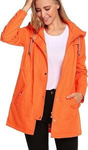 Women's Orange Hooded Windbreaker <b>Jacket</b> Full Sleeve Drawstring Closure Waterproof Casual <b>Long</b> Length Outerwear - Product Image 3