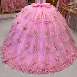 Vestido de Fiesta de Princesa con Lazo Bordado Floral Rosa, Elegante y Lindo, para Adultos |   Vestido de Diseñador para Quinceañera, Cumpleaños, Boda o Fiesta - Product Image 2