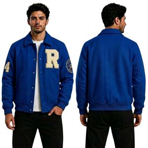 Winter Letterman Outerwear Jackets 100% <b>Wool</b> Material Cobalt Blue Body Shirt Collar Design Matching Patch Detail Athletic Jacket - Product Image 1
