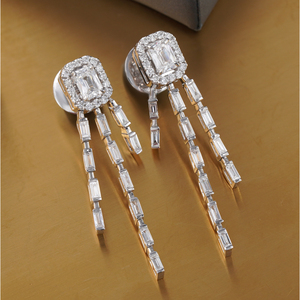 2.27 CT <b>Emerald</b> Cut Lab Grown Diamond Halo Baguette Fringe Drop Earrings in 14K Yellow Gold - Product Image 3