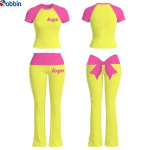 Conjunto de Verano de 2 Piezas para Mujer con Logotipo Personalizado, Diseño de Lazo, Manga Corta, Cintura Plegable y Pantalones Acampanados, en Algodón Ecológico - Product Image 1