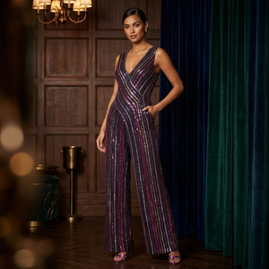 Women Purple Black <b>Sequin</b> Jumpsuit | Deep V Neck Backless Wide Leg Party Wear | Luxury Evening Outfit India 2026 Export Quality - Product Image 1
