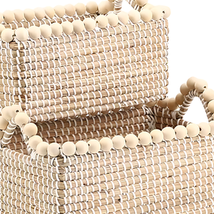 Seagrass <b>Basket</b> with Wooden Bead Handles, <b>Rectangular</b> Organizer with White Plastic Strings - Product Image 2