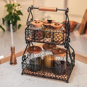 Estante de metal de dos niveles para especias con mango de madera, organizador rústico para especias de cocina - Product Image 5