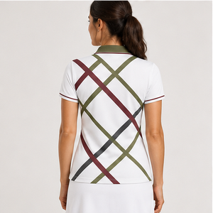 เสื้อโปโลผู้หญิงสีขาว-เบอร์กันดี ลายเส้นไขว้ แห้งเร็ว ระบายอากาศดี แขนสั้น สำหรับเล่นกอล์ฟ รุ่น WPS-0899 - Product Image 4