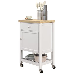 Carrello da Cucina Moderno Bianco con Isola Girevole, Piano Regolabile in Legno di Gomma, Cassetto, Portabottiglie, Mobile in Metallo e Legno con Ruote, Materiale MDF - Product Image 1