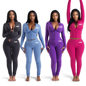 ชุดเซ็ตผู้หญิง สกรีนโลโก้ได้ ชุดวิ่งแขนยาว 2 ชิ้น ชุดโยคะ เสื้อผ้าออกกำลังกาย กางเกงเลกกิ้งรัดรูป ชุดออกกำลังกาย 2 ชิ้น - Product Image 3