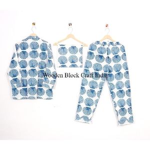 Women Pajama Set Long Sleeve Shirt Full Length <b>Pants</b> Blue Floral Print 100%Cotton Soft Elastic Waist Quick-Dry Casual Summer - Product Image 4