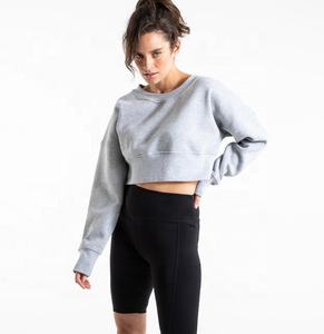 Sudadera corta informal de manga larga para mujer, Top corto personalizado con cuello redondo para entrenamiento de gimnasio en blanco - Product Image 3