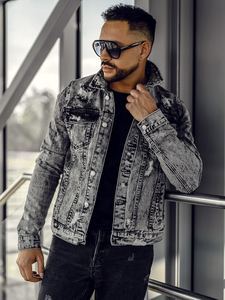 Men's Stonewashed Denim Jacket Slim Fit Turn-down Collar Casual Autumn Wear Frayed Details Regular Sleeve Single Breasted - Product Image 1