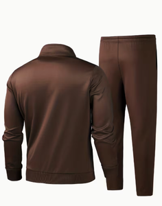 Survêtement marron pour homme, coupe droite, couleur unie, col montant, fermeture éclair, décontracté, automne, polyester, poches latérales - Product Image 2