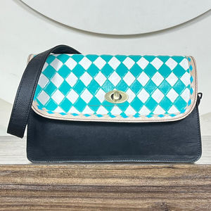 Sac à bandoulière pour femme en cuir à carreaux turquoise de qualité supérieure, nouveau style occidental, cuir véritable, sac à main de voyage pratique - Product Image 4