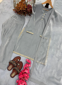 Amazing Collection Designer Party Wear Look pure Fendy Silk Suit With <b>Embroidery</b> Work With Sleeve With Handwork EID Wear - Product Image 2