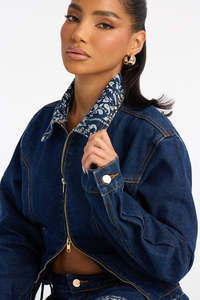 Women’s Corset <b>Denim</b> <b>Jacket</b> with Lace‑Up Waist and Printed Collar Trendy Streetwear Women's <b>Denim</b> <b>Crop</b> <b>Jacket</b> With Bandana - Product Image 3