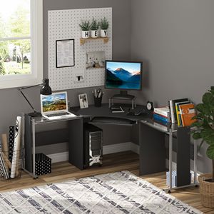 Scrivania per Computer ad angolo da 69 \ "con supporto per Monitor rialzato e supporto per CPU rotante vassoio per tastiera nero e piano in vetro - Product Image 2