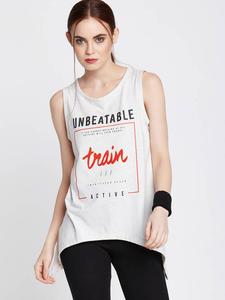 Camiseta sin mangas gris para mujer, cuello redondo, algodón, estampado de letras en la parte delantera, informal, transpirable, tejida, para hacer ejercicio - Product Image 2