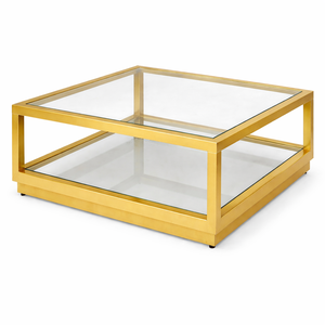 Table basse carrée moderne en acier inoxydable doré avec double plateau en verre trempé, table de salon de luxe - Product Image 2