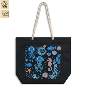 กระเป๋าผ้าแคนวาสสีดำปักลายสัตว์ทะเล ขนาด 44x35x12 ซม. 300 GSM หูหิ้วเชือก ซิปปิด  โลโก้สั่งทำได้ กระเป๋าช้อปปิ้งชายหาด ขายส่ง OEM - Product Image 1