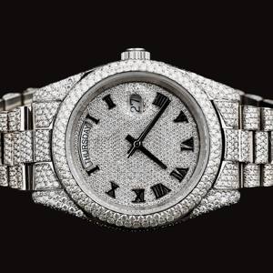 นาฬิกาข้อมือผู้ชายสไตล์ฮิปฮอป ตัวเรือนทรงกลมประดับเพชรโมอิสซาไนต์เต็มหน้าปัด พร้อมฟังก์ชั่นแสดงวันและวันที่อัตโนมัติ หน้าปัดกระจก - Product Image 6