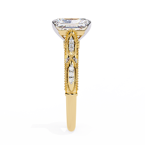 Anillo Solitario de Diamante Cultivado en Laboratorio con Corte Radiante de 3.00 Quilates, Diseño Art Deco con Espiga Milgrain y Puente Pavé, Banda de Oro Amarillo de Dos Tonos - Product Image 5