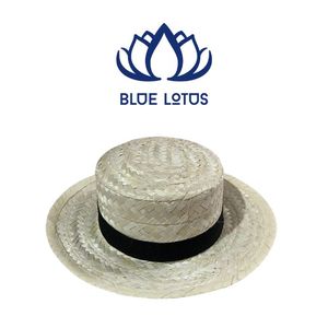 Chapeau de soleil Fedora de plage à large bord en herbe tressée à la main, écologique, le plus vendu, rayé bleu Lotus Farm Lucy, unisexe, avec ruban et corde - Product Image 1