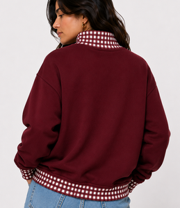 Pull-over décontracté surdimensionné en coton personnalisé à col roulé et épaules tombantes pour femme, motif gingham et pois, vente en gros - Product Image 5