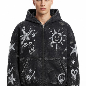 Sudadera con capucha para hombre de algodón lavado a la piedra con cremallera, estilo oversize, estampado punk de grafiti, efecto desgastado y lavado ácido - Product Image 4