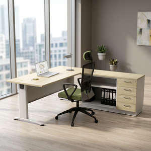 Bureau d'ordinateur moderne et durable, réglable, avec 4 tiroirs, plateau en bois, meuble de bureau commercial autoportant pour la maison et le bureau - Product Image 1