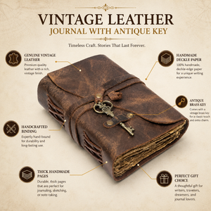 Vintage Leather <b>Journal</b> with Antique Key Handmade Deckle Edge Paper | Rustic Leather Diary Blank Travel Notebook <b>Writing</b> Gift - Product Image 3
