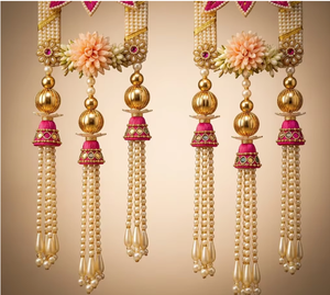 Traditional Pink Flower Wall Hanging With Gold Embroidery And Beads For Diwali Indoor Decor - Product Image 4